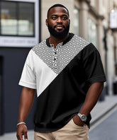 Men's Plus Size Black And White Color Block Geometric Print Henry Collar Button Short Sleeve T-shirt
